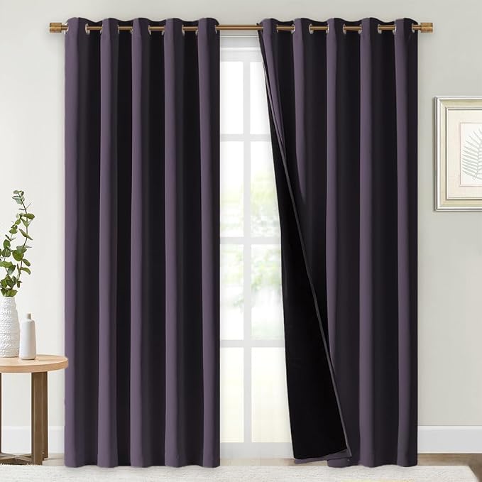NICETOWN 100% Blackout Window Curtain Panels, Greyish Purple, 2 Pieces, 70" Wide Each Panel, Cold and Full Light Blocking Drapes with Black Liner for Nursery, 84" Drop Thermal Insulated Draperies