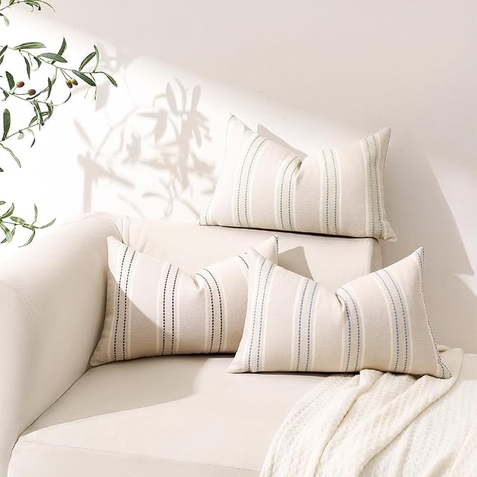 Hckot Stripe Throw Pillow Covers 12x24 Lumbar Lake Blue Pillow Covers | Farmhouse Decorative Pillows Textured Cushion Covers for Sofa Couch Bed Living Room Decor
