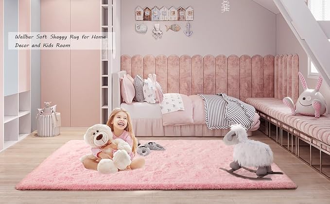 Pink Area Rugs for Living Room Bedroom Girls, 4x6 Soft Fluffy Fuzzy Shag Rug for Kids Room Bedside Rug, Indoor Floor Plush Cute Carpet for Baby, Nursery, Home Decor Aesthetic
