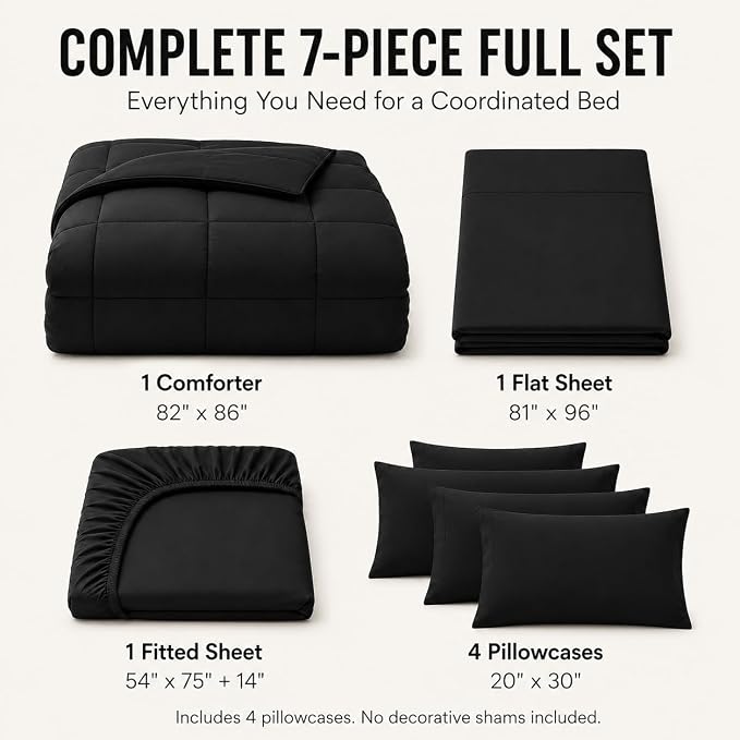 Full Size Comforter Sets Black - 7 Pieces Bed in a Bag | OEKO-TEX Certified, All-Season, Bedroom, Guest Room, Down-Alternative Comforter + Flat & Fitted Sheets + 4 Pillowcases