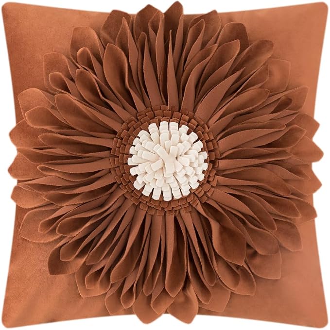 OiseauVoler 3D Flower Decorative Throw Pillow Covers for Couch 18x18 Inch | Vintage Floral Handmade Pillowcases for Living Room Washable With Zipper Soft Velvet Pet Hair Resistant Rust Terracotta