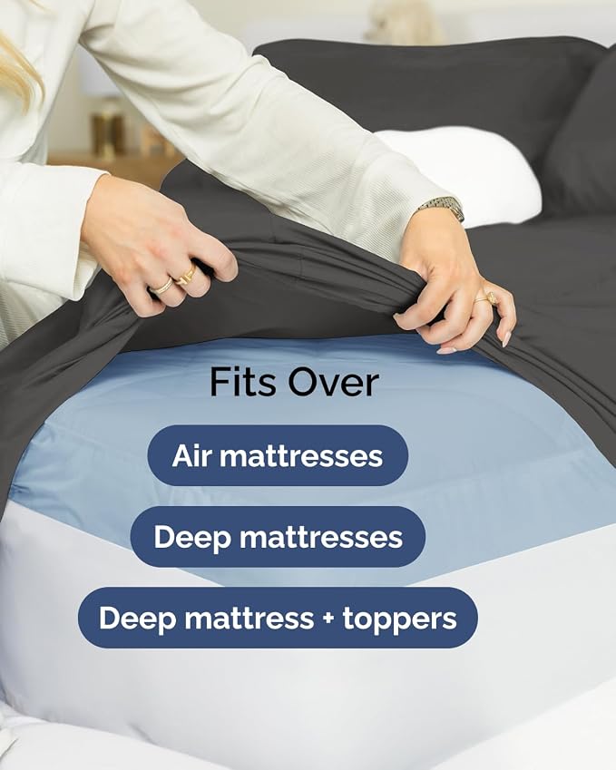 Extra Deep Flex Top Split Head King Sheet Set - 6 Piece Breathable and Cooling Sheets - Hotel Luxury Bedding for Women, Men, Kids & Teens - Easy Secure Fit - Extra Deep Pockets - Charcoal