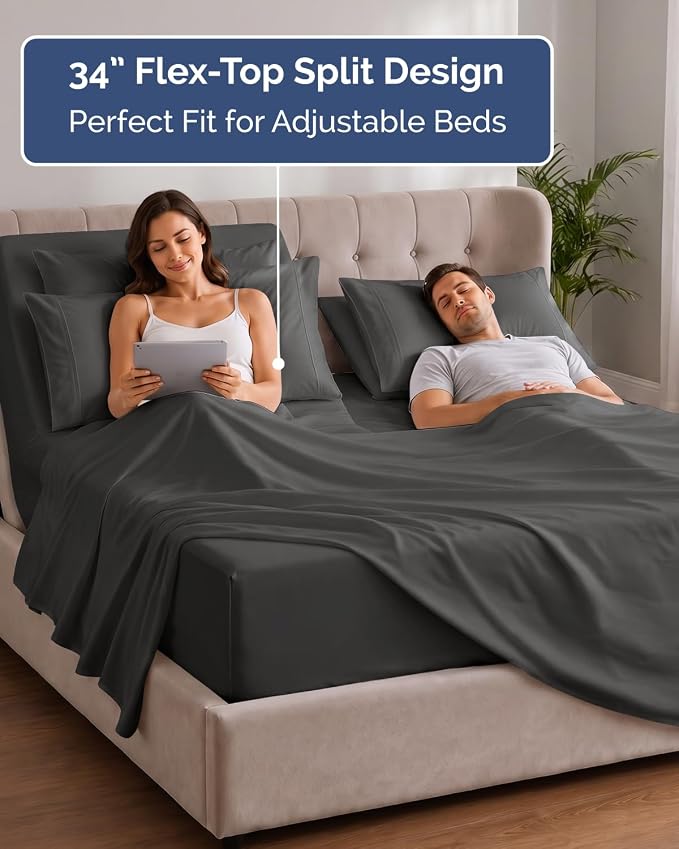 Extra Deep Flex Top Split Head King Sheet Set - 6 Piece Breathable and Cooling Sheets - Hotel Luxury Bedding for Women, Men, Kids & Teens - Easy Secure Fit - Extra Deep Pockets - Charcoal