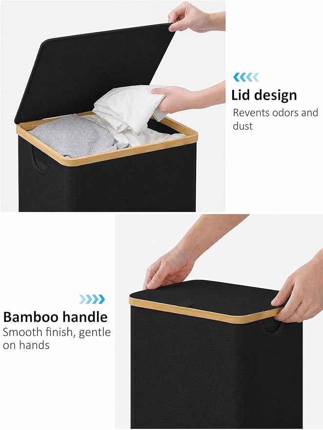 IEGrow Laundry Hamper with Lid,85L Laundry Basket with Mesh Bags,Black | Dirty Clothes Hamper Basket with Bamboo Handle for Clothes Towels