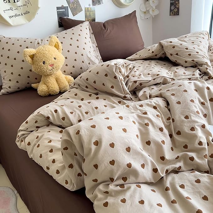 Nayoroom Brown Heart Duvet Cover Set Queen Vintage Farmhouse Bedding | Soft Breathable Washed Microfiber, All-Season Comfort, Hidden Zipper, 4 Corner Ties, Modern Aesthetic Bedding