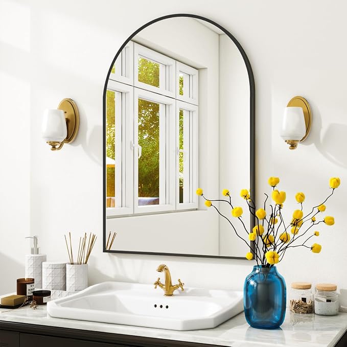 Arched Wall Mirror, 26 x 41 inch Arch Bathroom Mirror, Wall Mounted Vanity Mirror with Arch Metal Frame, Modern Bathroom Vanity Mirror for Bedroom, Living Room, Hanging or Leaning, Black