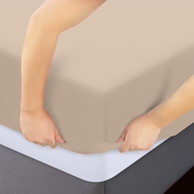 Pack of 2 Full Fitted Sheet, Fits Up to 16 Inch Deep Pocket, Beige | Hotel Comfort, Cooling & Breathable Cotton like Polyester, Easy Fit, Wrinkle & Fade Resistant, Snug Fit, Easy Care, Oeko-Tex