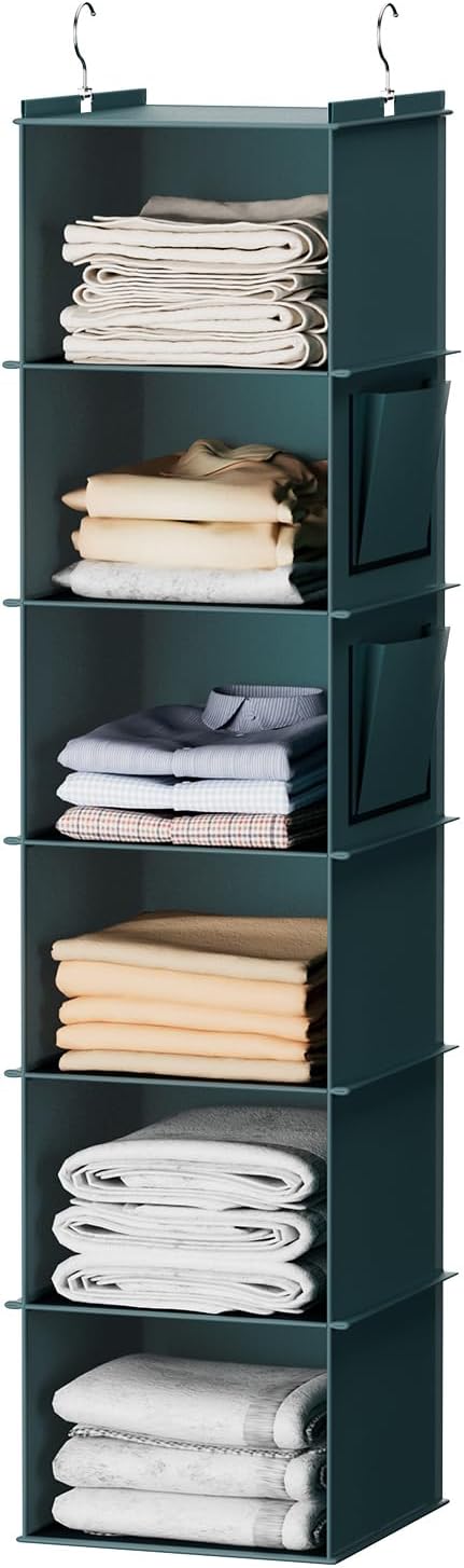 YOUDENOVA Hanging Closet Organizer and Storage, 6-Shelf, Green | Breathable Fabric, Clothes Organizer with 2 Side Pockets, Hanging Shelves for Closet Storage, Dorm Room Essentials for Guys