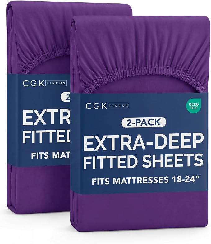 2 Pack Extra Deep Full Fitted Sheets with Extra Deep Pockets - Purple | Hotel Luxury Bottom Fitted Sheets Only, Soft, Fade & Wrinkle Free, Breathable & Comfy, All Around Elastic Fitted Sheets