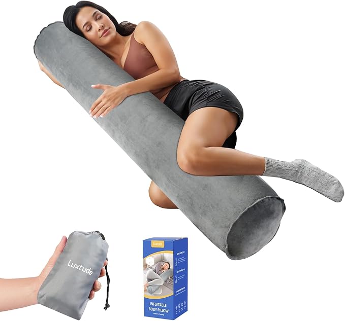 Luxtude Inflatable Body Pillow for Adults Kids, Travel Body Pillow | 47Inch Long Round Pillows for Side Sleeper, Soft Round Bolster Pillow for Camping, Hugging Sleeping, Back, Leg etc.