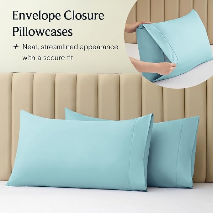 Split King Sheets for Adjustable Bed, Soft Deep Pocket Bed Sheets Set, 5PC | LuxClub Silky Fitted Sheet & Pillowcase Sets, Breathable Hotel Luxury Bedding for Mattress Wrinkle Free, Aqua