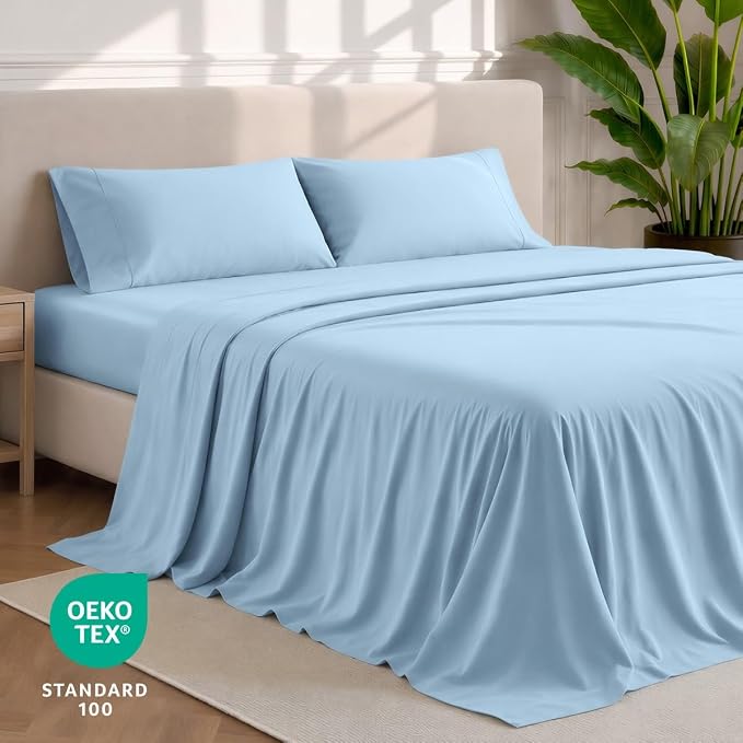 Bare Home Sheet Set - 1800 Ultra-Soft (Split Head Flex King, Light Blue) | Deep Pockets 6 to 15 Inches, Breathable, Hypoallergenic, Hotel Luxury, Easy Fit, Soft, All-Season