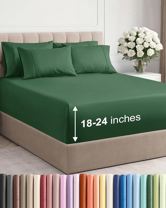 Extra Deep Cal King Sheet Set - 6 Piece Cooling Bed Sheets - Emerald Green | Hotel Luxury Bed Sheets Set, Easy & Secure Fit, Ultra-Soft, Wrinkle & Fade Free, Comfy Sheets Set with Extra Deep Pockets