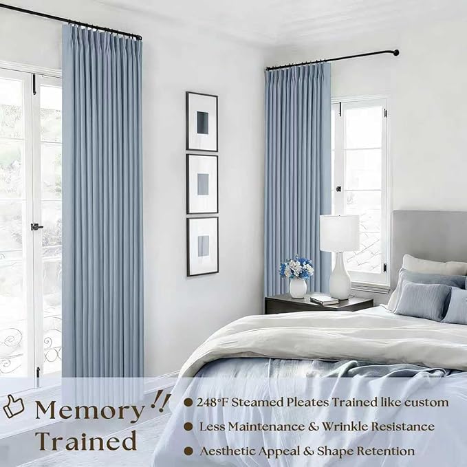 Dusty Blue Pinch Pleat 100% Blackout Linen Bedroom Curtains 96 Inch Length | Double Layer Pleat Curtains with Ring Hooks Back Tab, Black Out Room Darkening Drapes, for Living Room Bedroom, Light Blue
