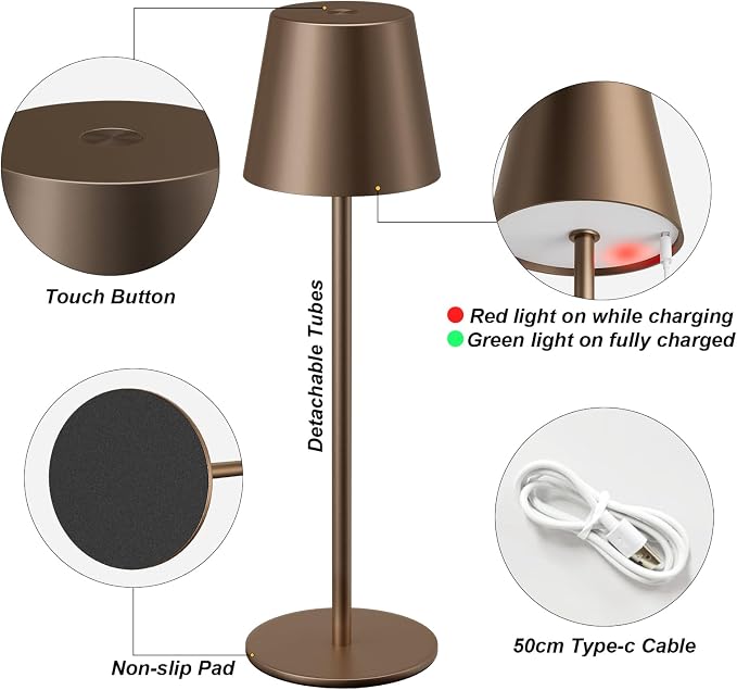 Kakanuo Brown Cordless Table Lamp Rechargeable, Battery Operated | 2 Pack 5000mAH Battery, 3 Color Stepless Dimming, for Dining Table, Kitchen Counter, Outdoor Patio, Touch Control