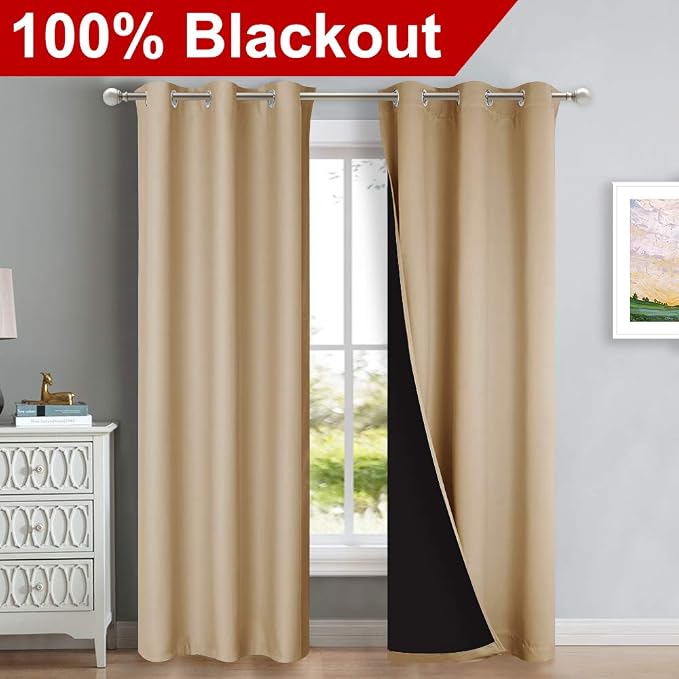 NICETOWN Biscotti Beige Curtains for Living Room 42" w x 84" L 2 Panels | Completely Shaded Draperies Privacy Protection Noise Reducing Black Lined Insulated Window Treatment Panels for Patio Door