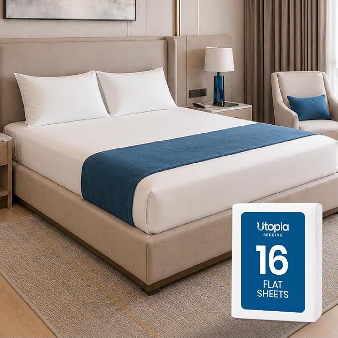 Bulk 16-Pack King Flat Sheet Only, Hotel Top Sheet for Resort, White | Commercial Grade Sheet, Ultra Soft Microfiber, Breathable Fabric, Wrinkle And Fade Resistant, Easy Care