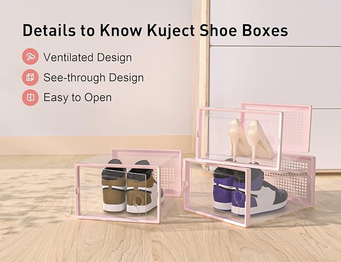 Kuject X-Large Shoe Storage Boxes 12 Pack, Clear Stackable Shoe Organizer | Shoe Case for Closet, Entryway & Under-Bed Storage, Drop-Front Design, Space-Saving Solution for Family Organization,Pink