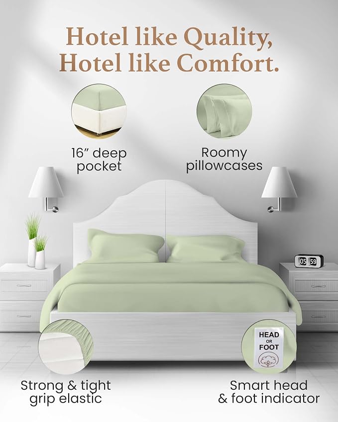 Good Sleep Bedding 100% Egyptian Cotton King Size Bed Sheets, 4 Piece Silky Sateen Weave King Sheets, Ultra-Soft & Durable Hotel Luxury, 16 Inch Deep Pocket King Sheet Set - Sage