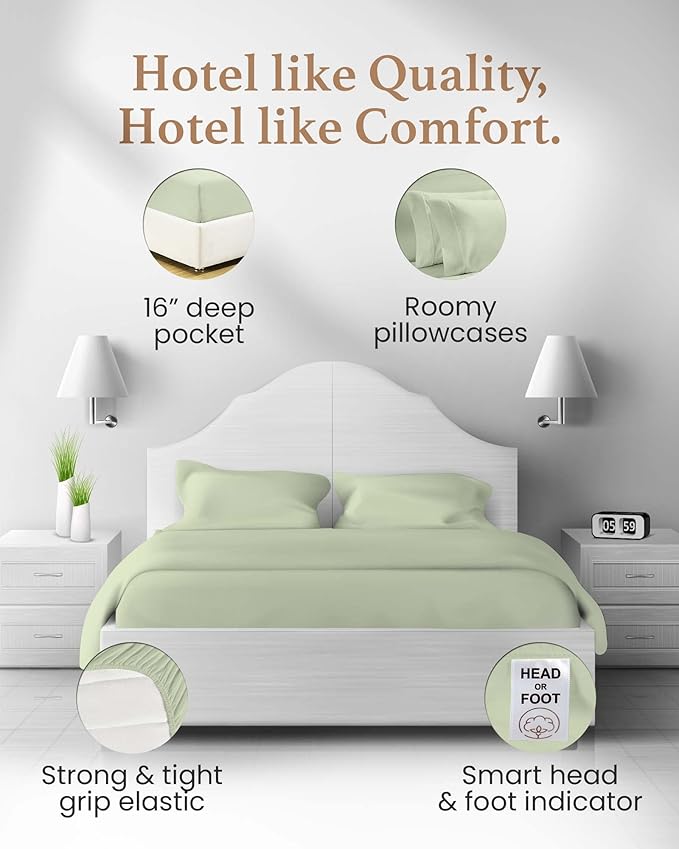 Good Sleep Bedding Bed Sheets Full Size, 4 Piece, 100% Egyptian Cotton Full Sheet Set, Silky Sateen Weave, Ultra-Soft & Durable Hotel Sheets, 16" Deep Pocket Full Bed Sheets - Sage