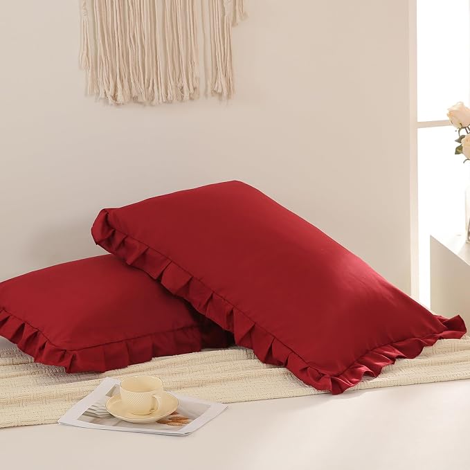 Burgundy Pillowcases King Pillowcases Ruffled Pillow Shams Set of 2 Cute Pillowcases Solid Ruffled Fringe Design Red Shabby Chic Pillowcases 2 Pack (King (20''x36''), Burgundy)