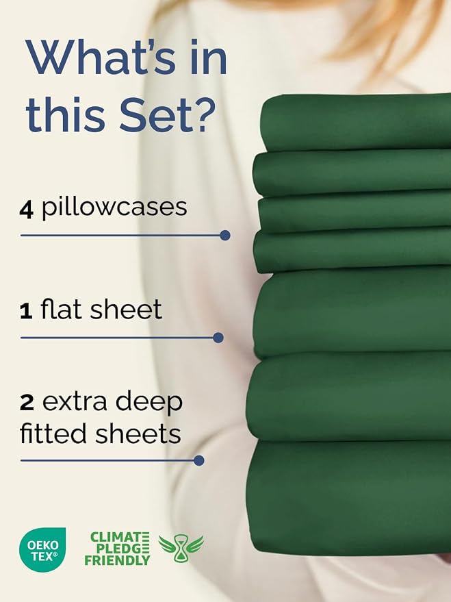 Extra Deep Split King Sheet Set - 7 Piece Cooling Sheets - Emerald Green | Hotel Luxury Bed Sheets Set, Easy & Secure Fit, Ultra-Soft, Wrinkle & Fade Free, Comfy Sheets Set with Extra Deep Pockets