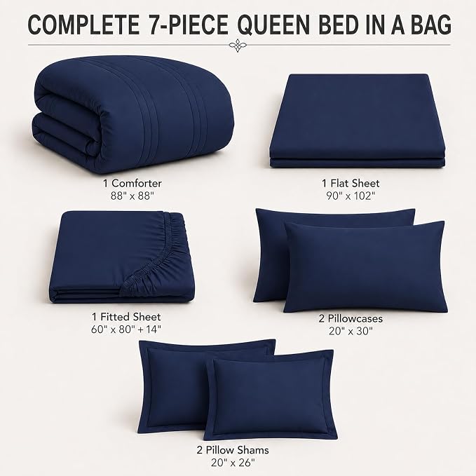Queen Comforter Set Navy - Bed in a Bag Queen Size 7 Pieces, Soft Bedding Set for All Seasons, Premium Queen Comforter Set with Comforter, Sheets, Pillowcases & Shams
