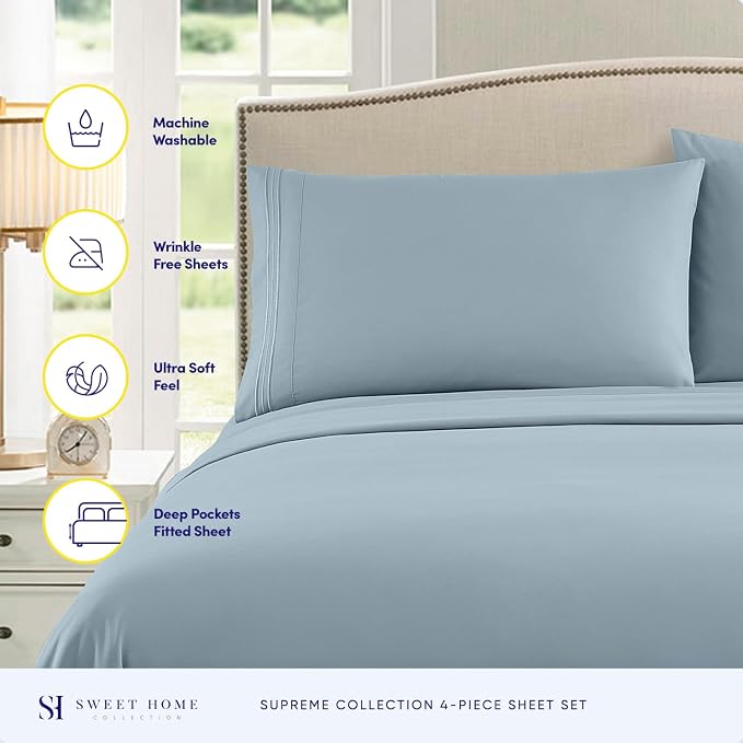 Twin XL Sheets - Breathable Luxury Sheets with Full Elastic & Secure Corner Straps Built In - 1800 Supreme Collection Extra Soft Deep Pocket Bedding Set, Sheet Set, Twin XL, Misty Blue