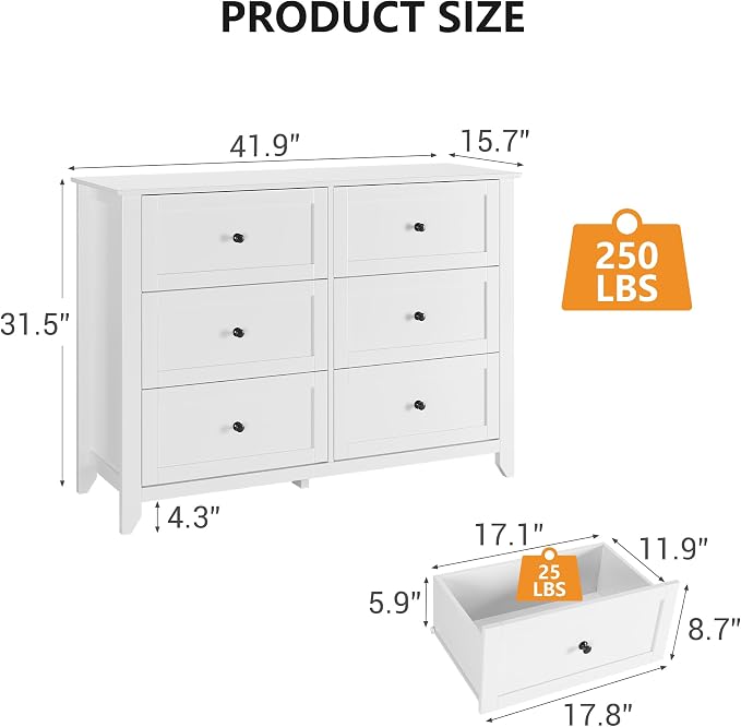 Garvee White 6-Drawer Dresser for Bedroom, 41.7" L Entryway Storage Drawers | Modern Lacquered Chest of Drawers, 15.8"D x 41.7"W x 31.5"H, Storage Dresser with Deep Drawers for Hallway Entryway