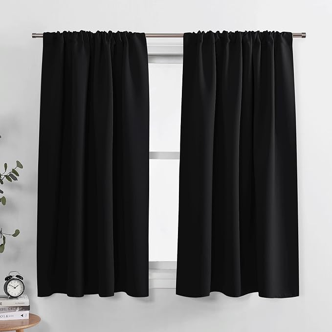 PONY DANCE Blackout Short Window Curtain Panels 45 inch Long - Thermal Insulated Rod Pocket Drapes for Bedroom Dorm Storage Cabinet Basement Farmhouse Decor, Black, W 34 x L 45 inches, 2 Panels