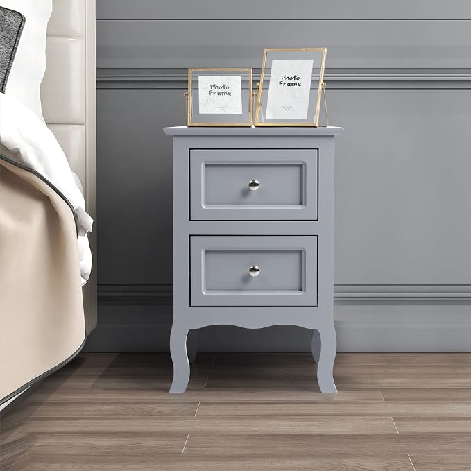Bonnlo Gray Nightstand Set of 2, Nightstands with 2 Drawers, Bed Side Table/Night Stand, Small Nightstand for Bedroom, Small Spaces, College Dorm, Kids’ Room, Living Room, Wood, 16W x 12D x 24H, Grey