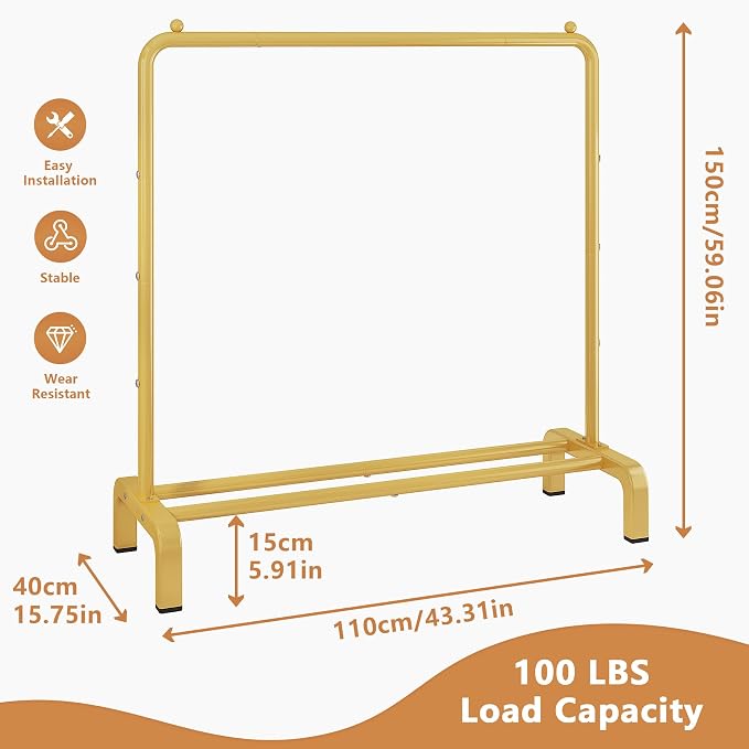 JIUYOTREE Metal 43.3 Inches Garment Rack with Bottom Shelf Clothing Rack for Hanging Clothes Coats Skirts Shirts Sweaters Gold | Metal 43.3 Inches Garment Rack Clothing Clothes Rack with Bottom Shelf for Hanging Clothes Coats Skirts Shirts Sweaters Gold