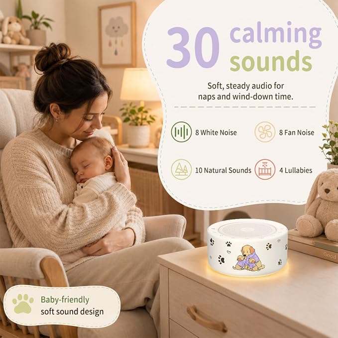 Kipcush White Noise Machine for Baby & Adults, Sleep Sound Machine with 30 Soothing Sounds, 8-Color Night Light, Memory Function, White Noise for Sleeping, Nursery, Office, Travel, Relaxation