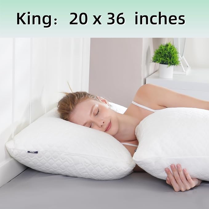 Shredded Memory Foam Pillows for Sleeping, Adjustable Pillows King Size Set of 2, Good for Side, Back Sleeper with Washable Cooling Cover (White, King 2-Pack)