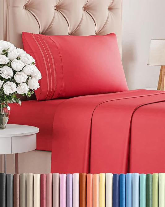 Twin Size 3 Piece Sheet Set - Comfy Breathable & Cooling Bed Sheets - Red | Hotel Luxury Bed Sheets for Women & Men, Deep Pockets, Easy-Fit, Extra Soft and Wrinkle Free Sheets, Oeko-Tex Bed Sheet Set