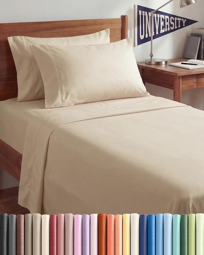 Twin XL 4 Piece Sheet Set - College Dorm Room Essentials - Cream | Ultra Soft Dorm Bedding Set, 8" to 16" Inch Deep Pockets, 1 Flat & 1 Fitted Sheet & 2 Pillowcases, Wrinkle & Fade Free