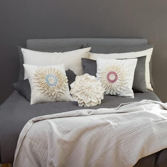OiseauVoler Decorative 3D Flower Throw Pillow Covers Handmade Cushion Cover Cases for Couch Bed Living Room Farmhouse Home Decor 18 x 18 Inch Beige
