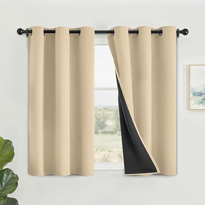 SimpleHome Beige 100% Blackout Curtains Room Darkening Living Room 45 Inch | Curtains for Bedroom,Thermal Insulated Grommet Window Drapes,Curtains for Living Room with Black Back,42 x 45 Inch,2 Panels
