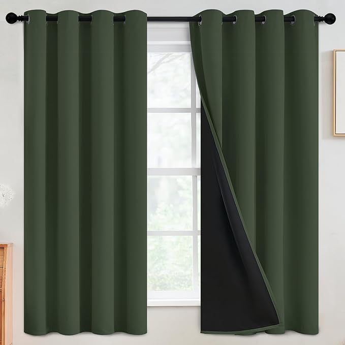 SimpleHome Greyish Green 100% Blackout Curtains Room Darken Living Room 63L | Curtains for Bedroom,Thermal Insulated Grommet Window Drapes,Curtains for Living Room with Black Back,52 x 63 Inch,2 Panels