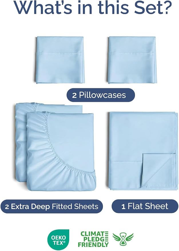 Extra Deep Split King Sheet Set - 5 Piece Breathable Cooling - Light Blue | Easily Fits 18 to 24 inch Mattress - Ultra Soft, Wrinkle & Fade Free with Extra Deep Pockets - Comfy Hotel Luxury Bedding