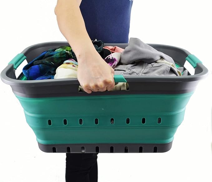 SAMMART 42L (11 gallon) Collapsible Plastic Laundry Basket - Foldable Pop Up Storage Container/Organizer - Space Saving Hamper/Basket (1, Grey/Turquoise Blue)