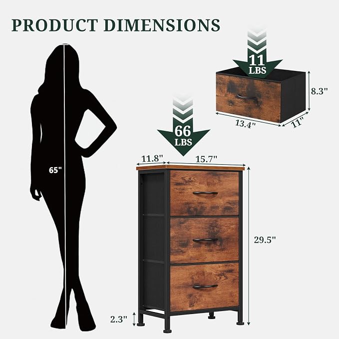 3 Drawers Dresser for Bedroom Fabric Storage Tower with Wooden Top | Steel Frame Chest of Drawers for Closet Entryway Dorm and Small Spaces, Brown