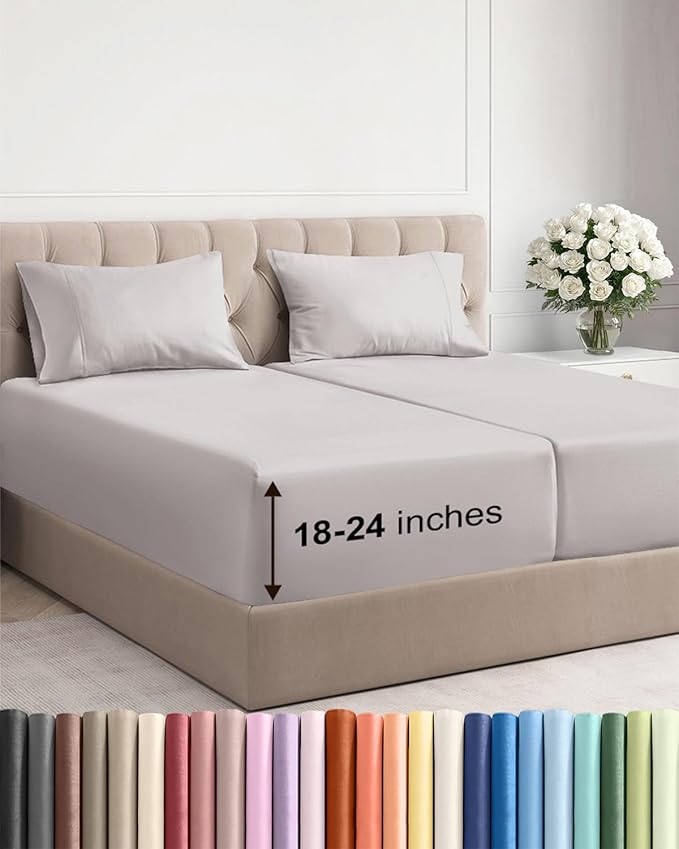 Extra Deep Split King Sheet Set - 5 Piece Breathable Cooling - Light Grey | Easily Fits 18 to 24 inch Mattress - Ultra Soft, Wrinkle & Fade Free with Extra Deep Pockets - Comfy Hotel Luxury Bedding