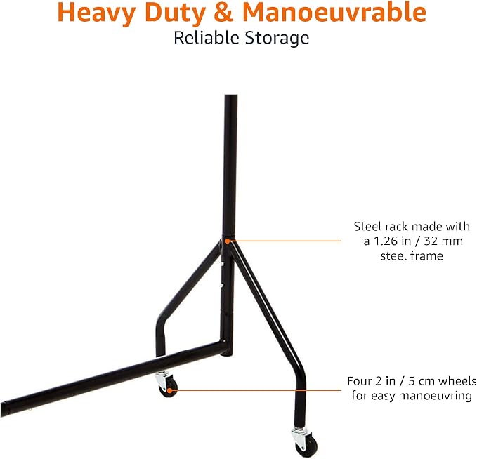 Amazon Basics Heavy Duty Portable Rolling Garment Rack, Hanging Clothes Organizer Rail for Display and Storage, Easy to Assemble, 19 x 60 x 48 inches, Black