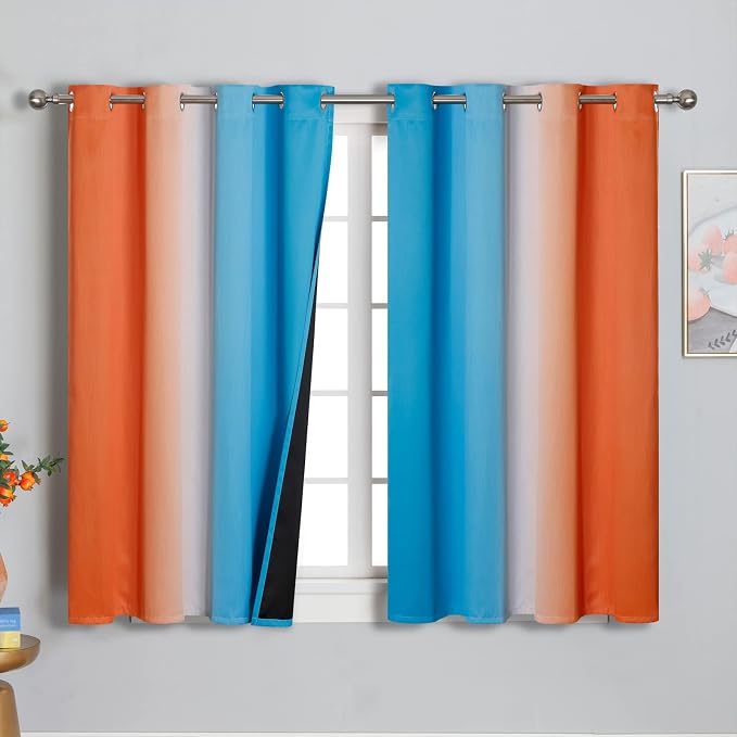 Ombre Orange and Blue Blackout Curtains 52Wx45L Inch Long | Gradient Curtains for Living Room,Thermal Insulated, Full Light Blocking,Grommet Window Drapes for Boys Bedroom, 2 Panels Set