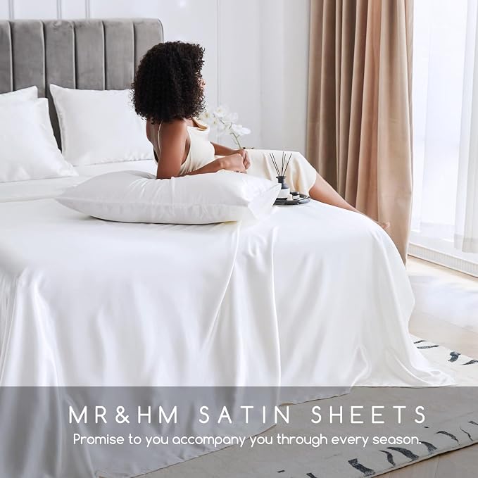 MR&HM Satin Sheets California King Size Sheet Set, White, 4 Pieces | Silky Bed Sheets with Elastic Corner Straps, 15" Deep Pocket, Similar to Silk, Gentle on Skin and Hair, Soft & Cooling