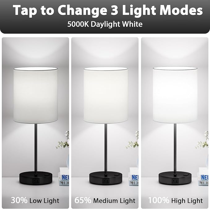 White Black Touch Lamps for Bedroom Set of 2, Dimmable, USB C+A, AC Outlet | Large 17.6" Tall Lamp, 3-Way Dimming, 5000K Daylight Bulbs, White Lampshade Black Base, for Living Room, Boys, Men, Girls