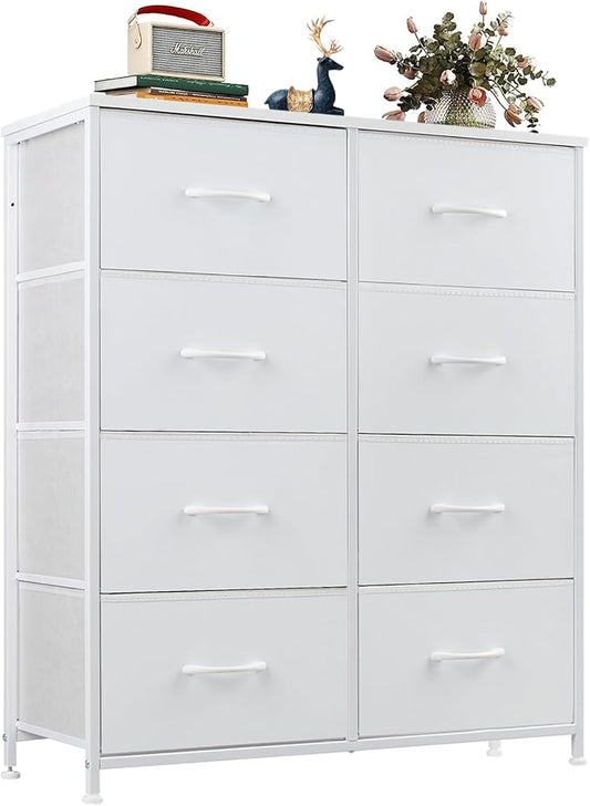 OLIXIS Dresser for Bedroom, 8 Storage Drawers, Tall Fabric Tower Organizer | Large Dresser for Closet, Chest of Drawers with Metal Frame Wooden Top for Nursery, Living Room, Entryway, White