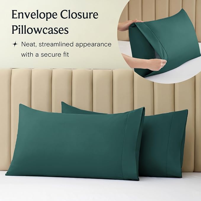 LuxClub 5 PC Split King Sheet Set, Deep Pockets Wrinkle Free Cooling Bed Sheets Hotel Bedding for Women, Men, Includes 2 Fitted Sheet, 1 Flat Sheet and 2 PillowcasesSoft Emerald | LuxClub Silky Fitted Sheet & Pillowcase Sets, Breathable Hotel Luxury Be...