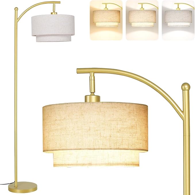 SUNMORY Floor Lamps for Living Room with 12W LED Bulb, Arc Lamp with 3 CCT | Modern Floor Lamps with Adjustable Double Fabric Shades, Industrial Arched Lamp, Tall Standing Lamp for Bedroom, Corner